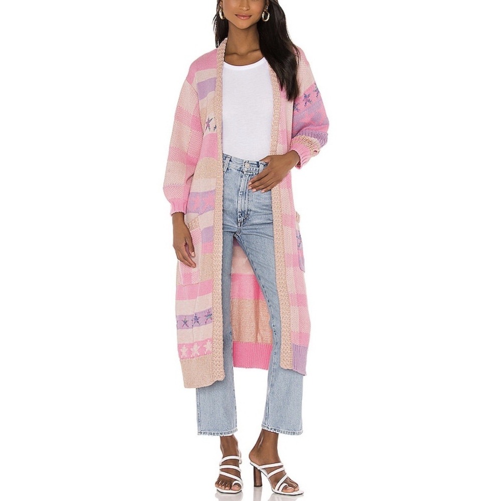 NWT LoveShackFancy Grayson Duster Cardigan Cotton Candy Pink Knit Star Sweater S